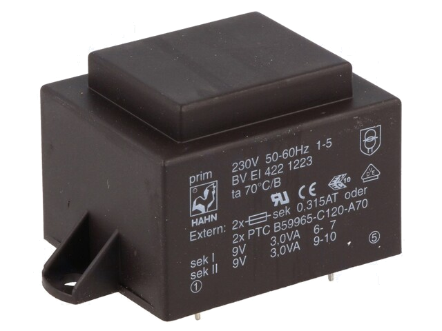 Transformator: ingegoten; 6VA; 230VAC; 9V; 9V; 334mA; 334mA; PCB Transformator: ingegoten; 6VA; 230VAC; 9V; 9V; 334mA; 334mA; PCB